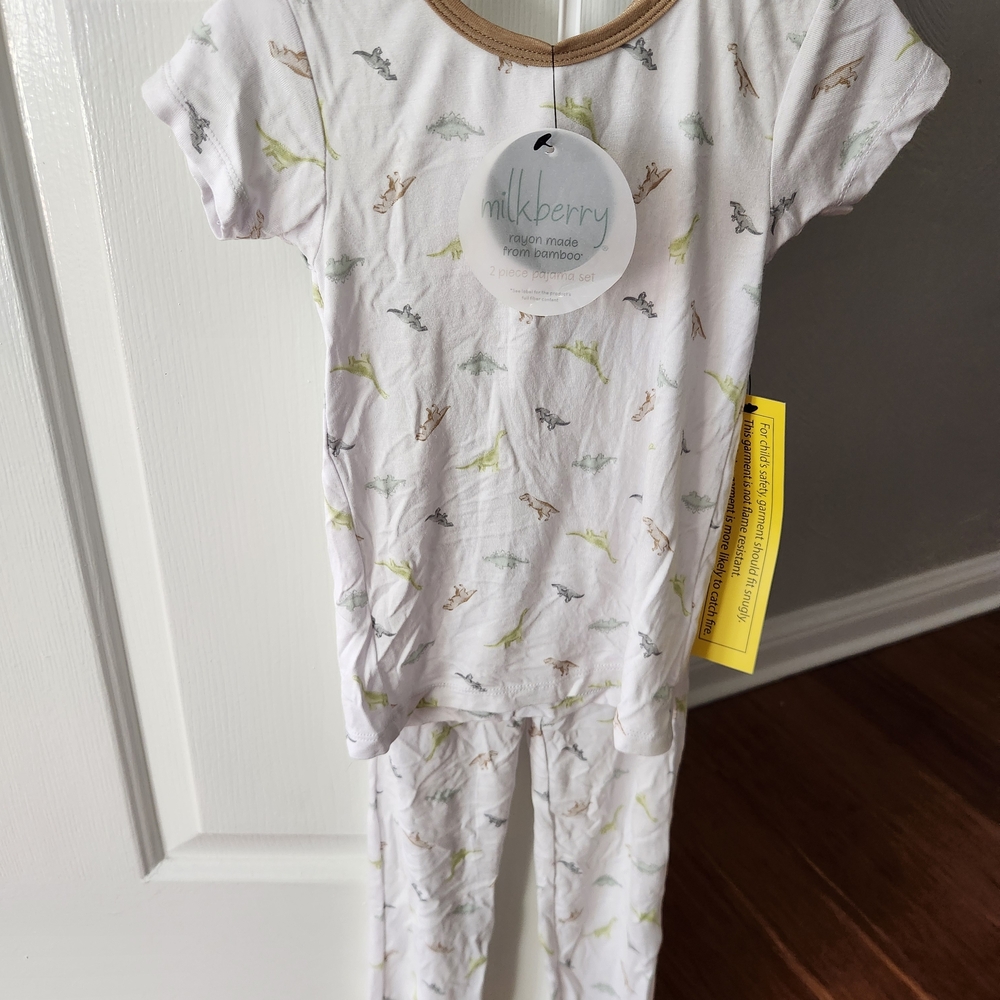 New 2pc Milkberry Boy's Girl's Dinosaur Print Bamboo Shirt & Pants Pajamas, 5t